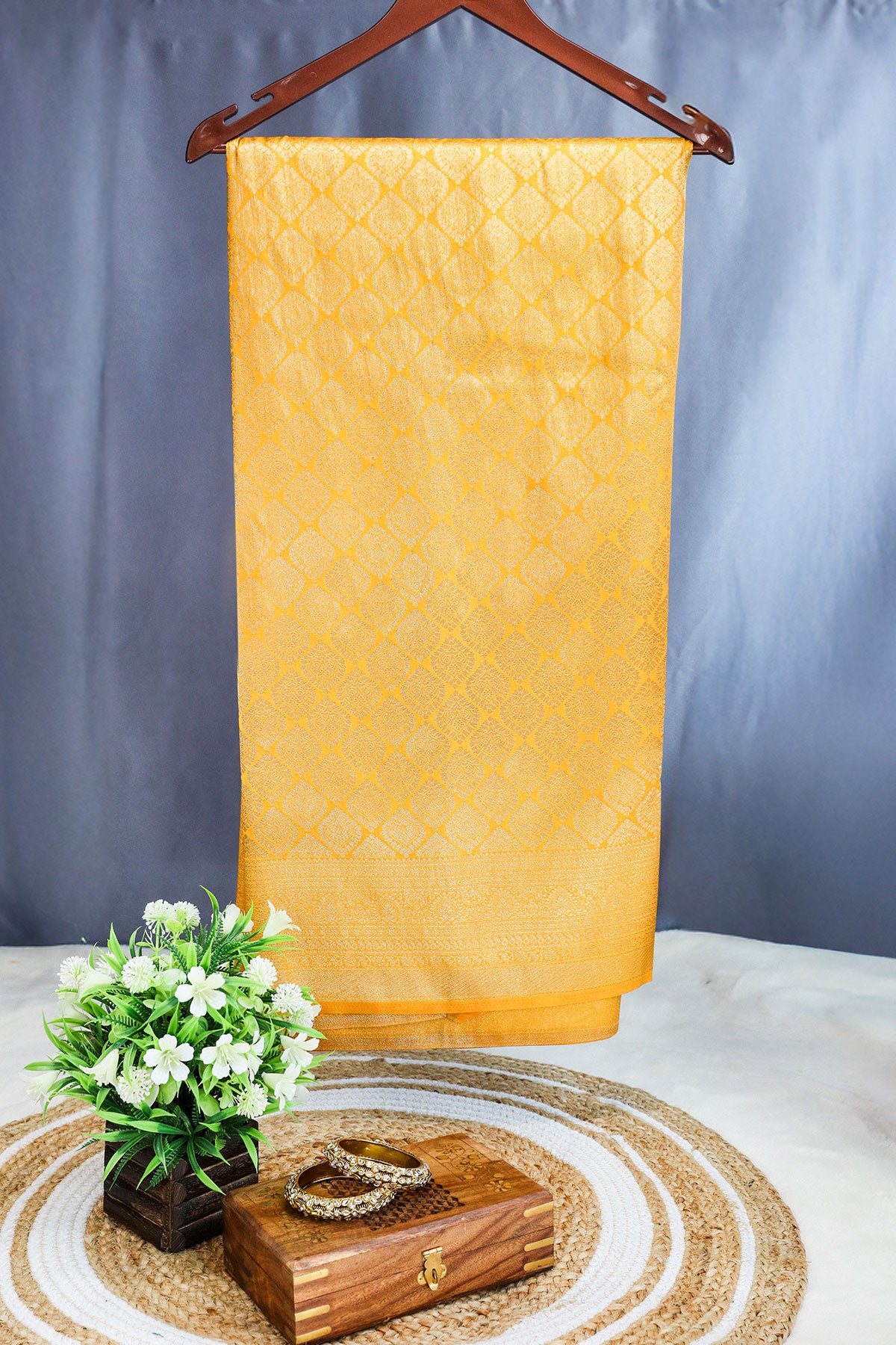 Mustard Silk Blend Zari Woven Saree