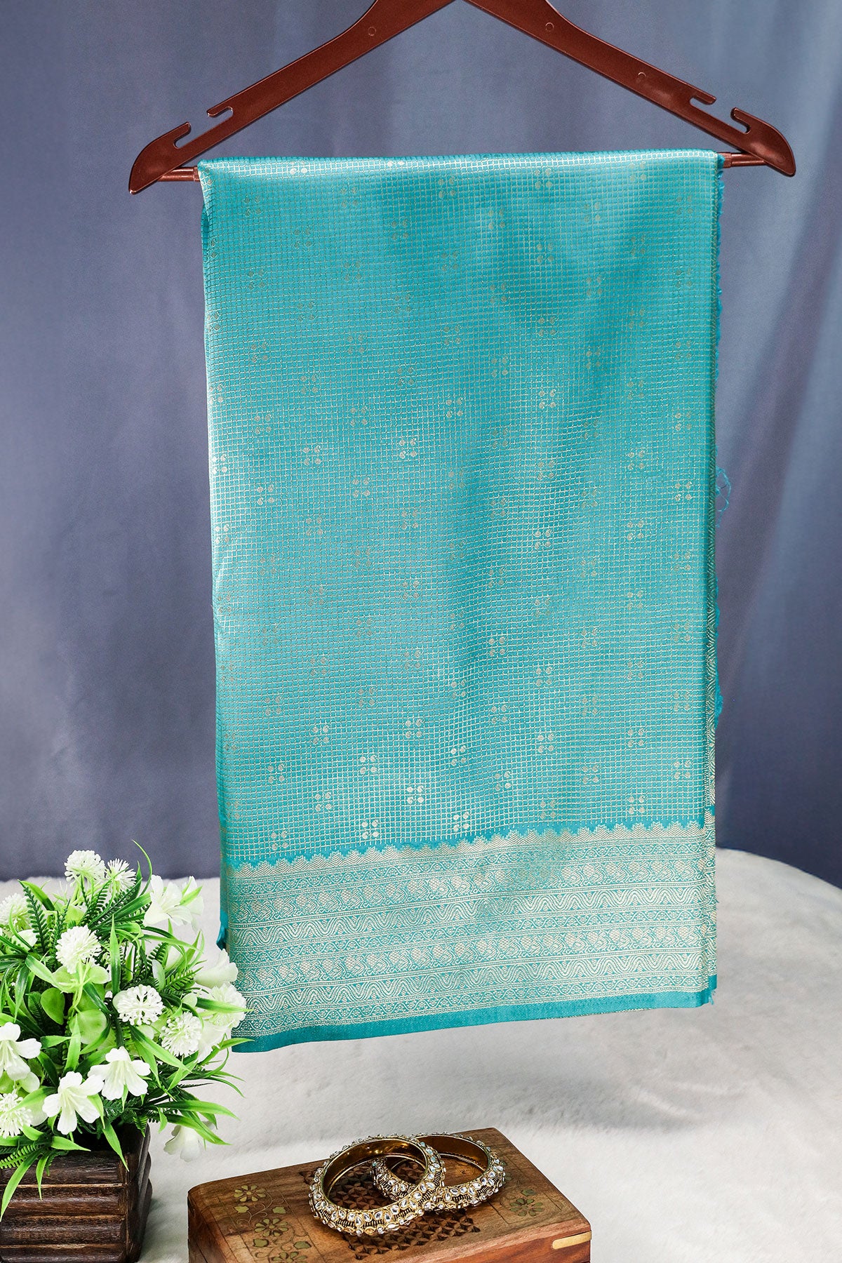 Firozi Silk Zari Woven Printed Saree