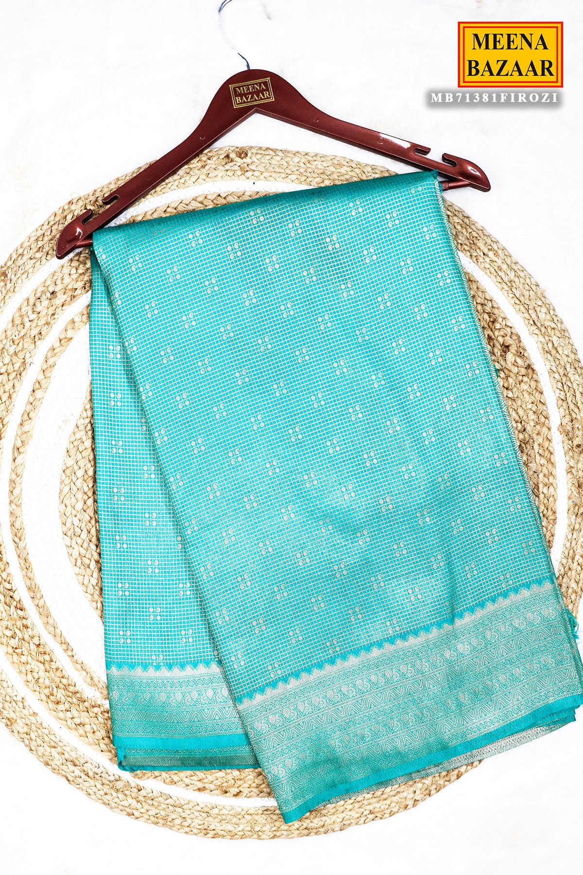 Firozi Silk Zari Woven Printed Saree