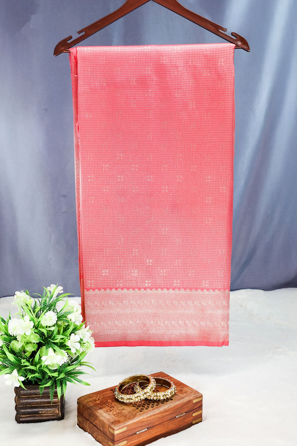 Peach Silk Zari Woven Printed Saree