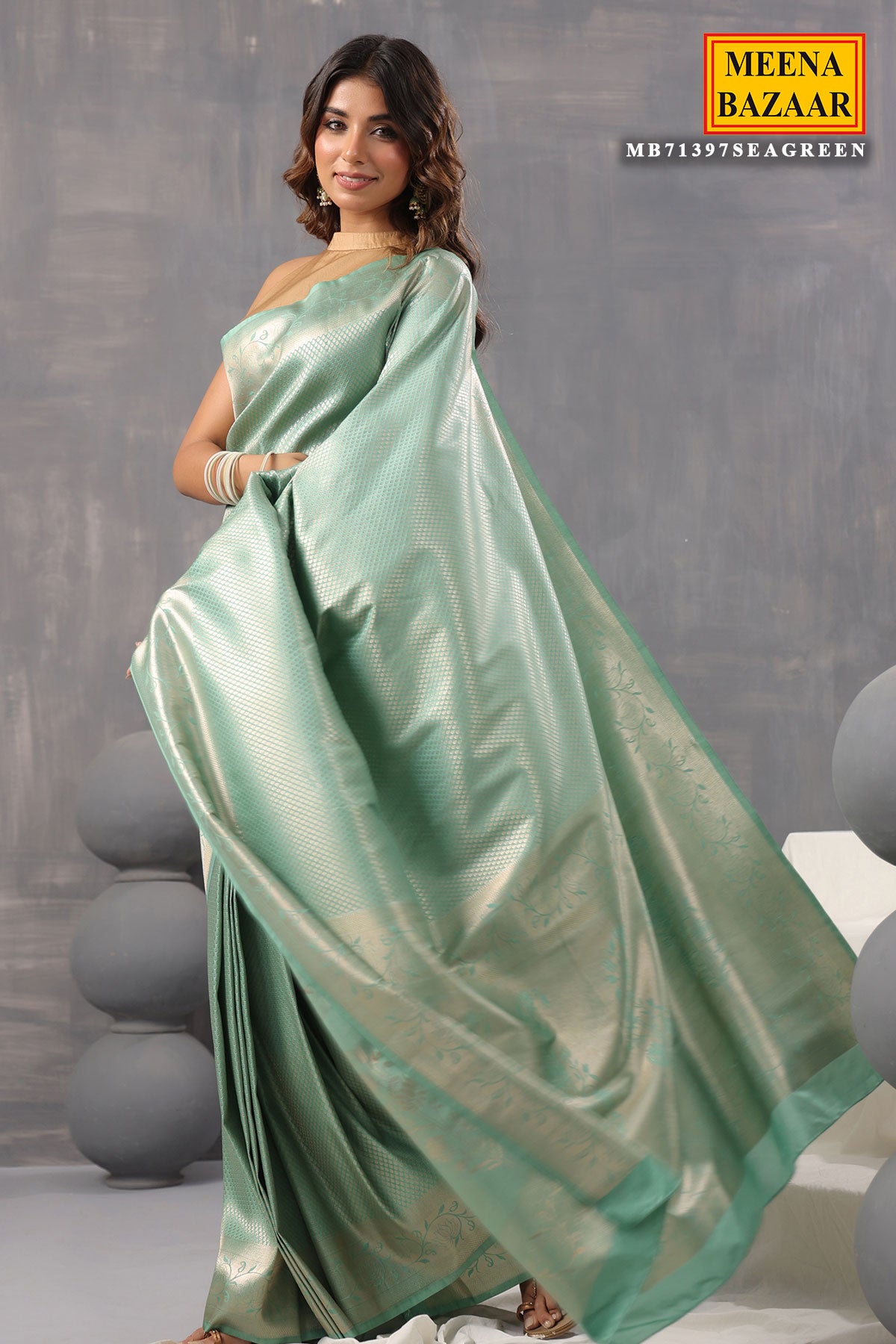 Sea Green Silk Zari Weaving Saree