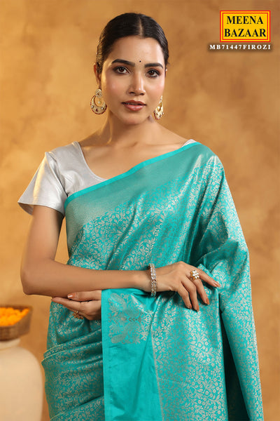 Firozi Silk Saree With Zari Weaving