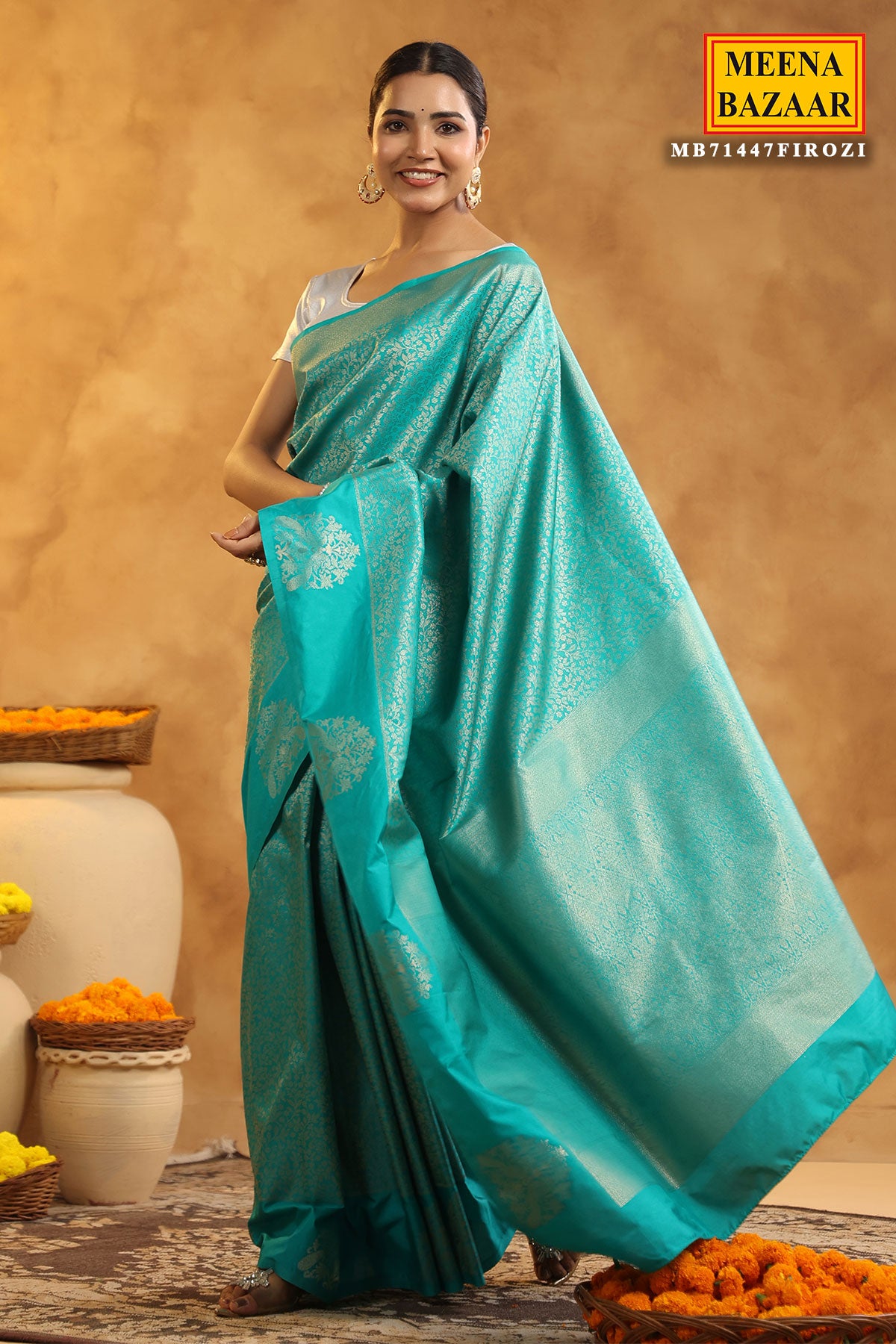 Firozi Silk Saree With Zari Weaving