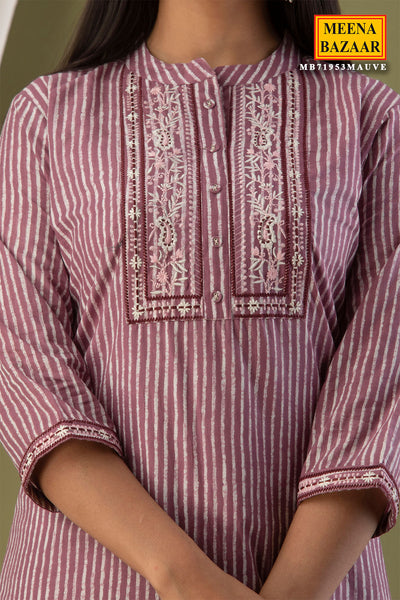 Mauve Cotton Printed Suit with Neck Embroidery