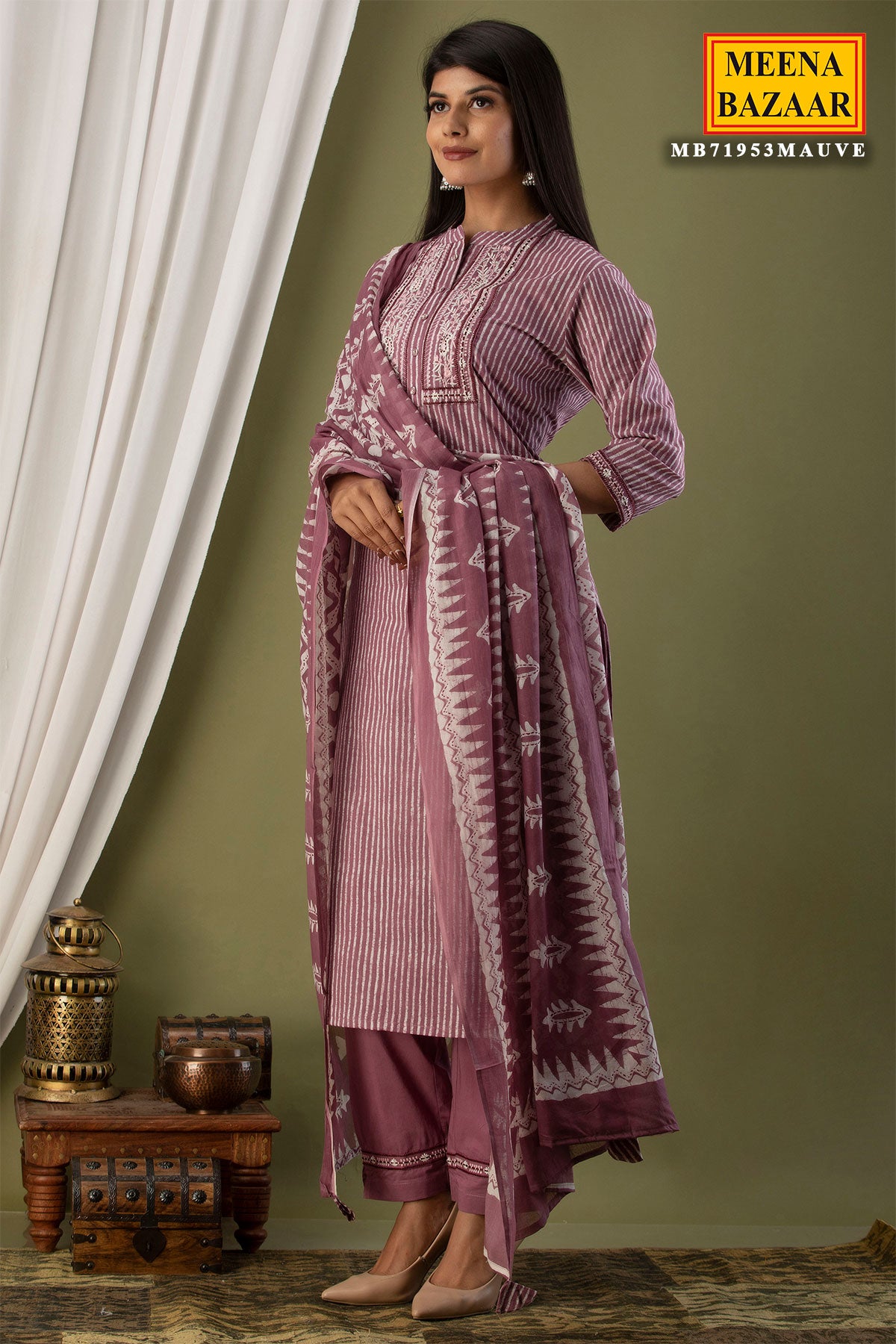 Mauve Cotton Printed Suit with Neck Embroidery