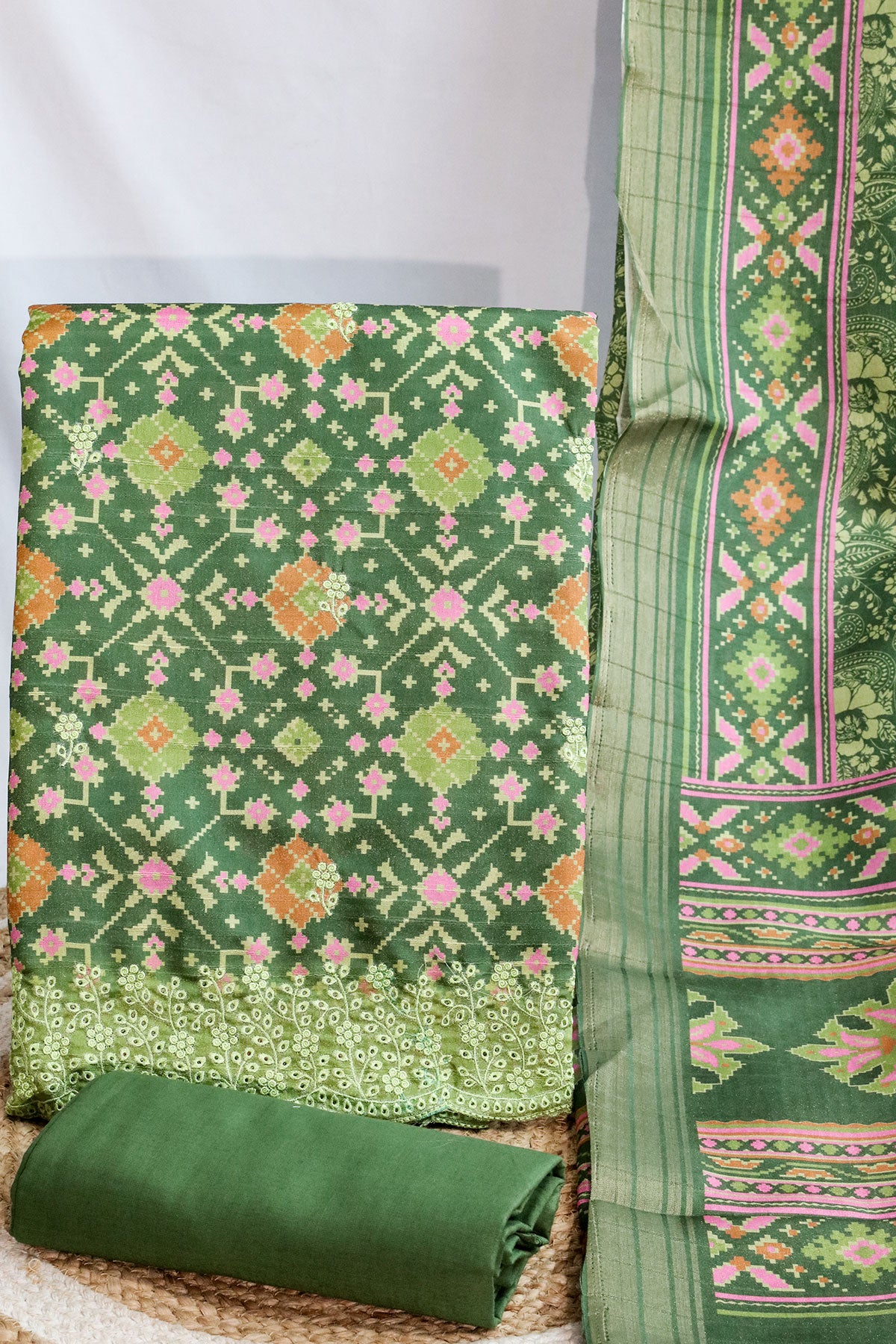 Mehandi Tussar Printed Unstitched Suit with Printed Dupatta