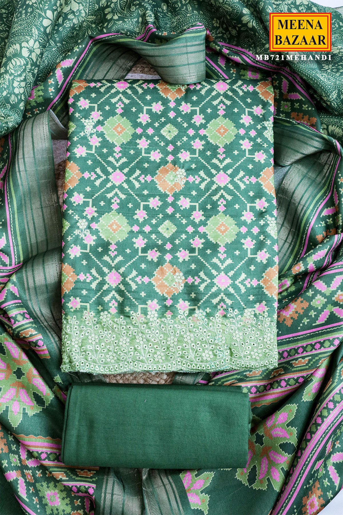 Mehandi Tussar Printed Unstitched Suit with Printed Dupatta