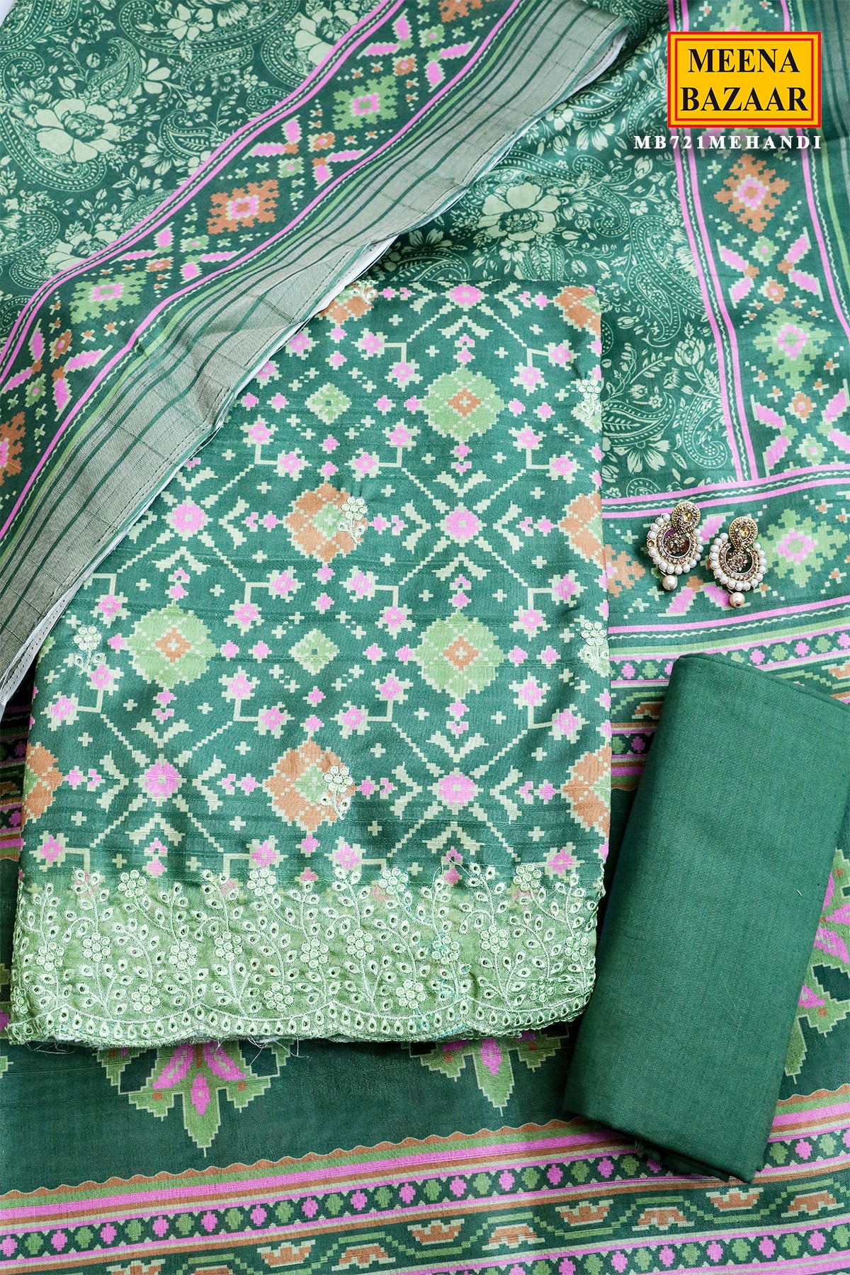 Mehandi Tussar Printed Unstitched Suit with Printed Dupatta