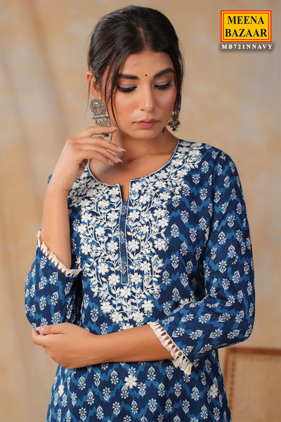 Navy Cotton Floral Printed Floral Thread Embroidered Neck Kurti