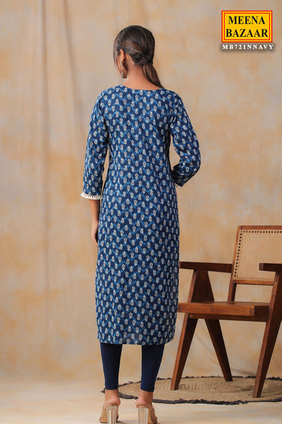 Navy Cotton Floral Printed Floral Thread Embroidered Neck Kurti