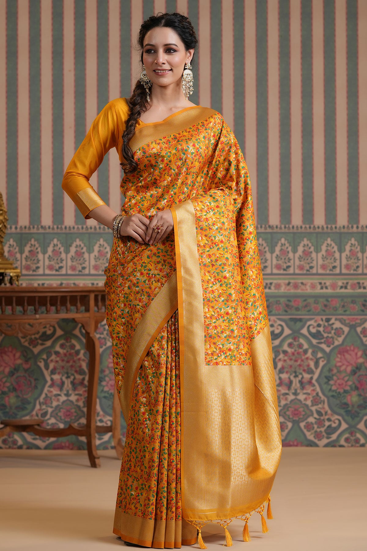 Mustard Silk Floral Printed Saree with Golden Zari Woven Border