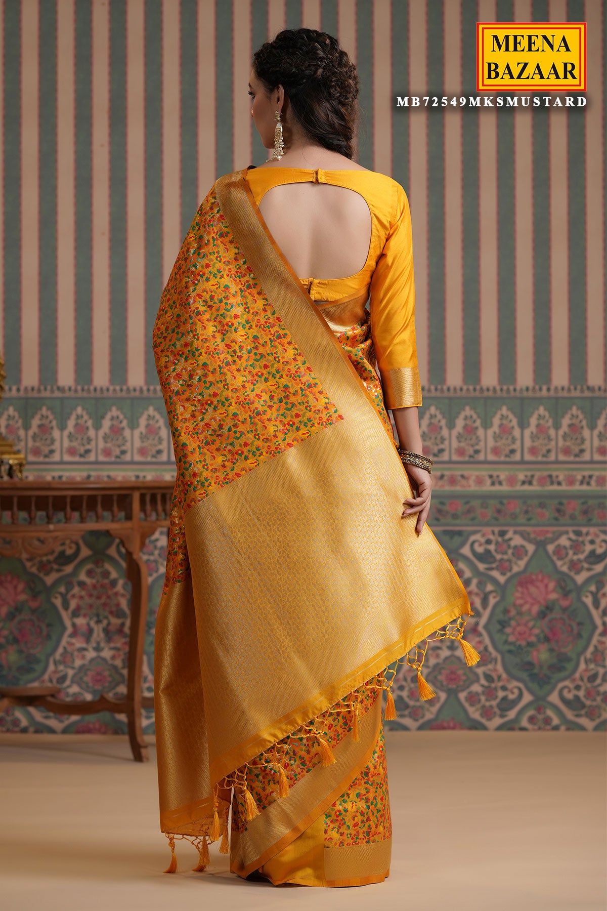 Mustard Silk Floral Printed Saree with Golden Zari Woven Border