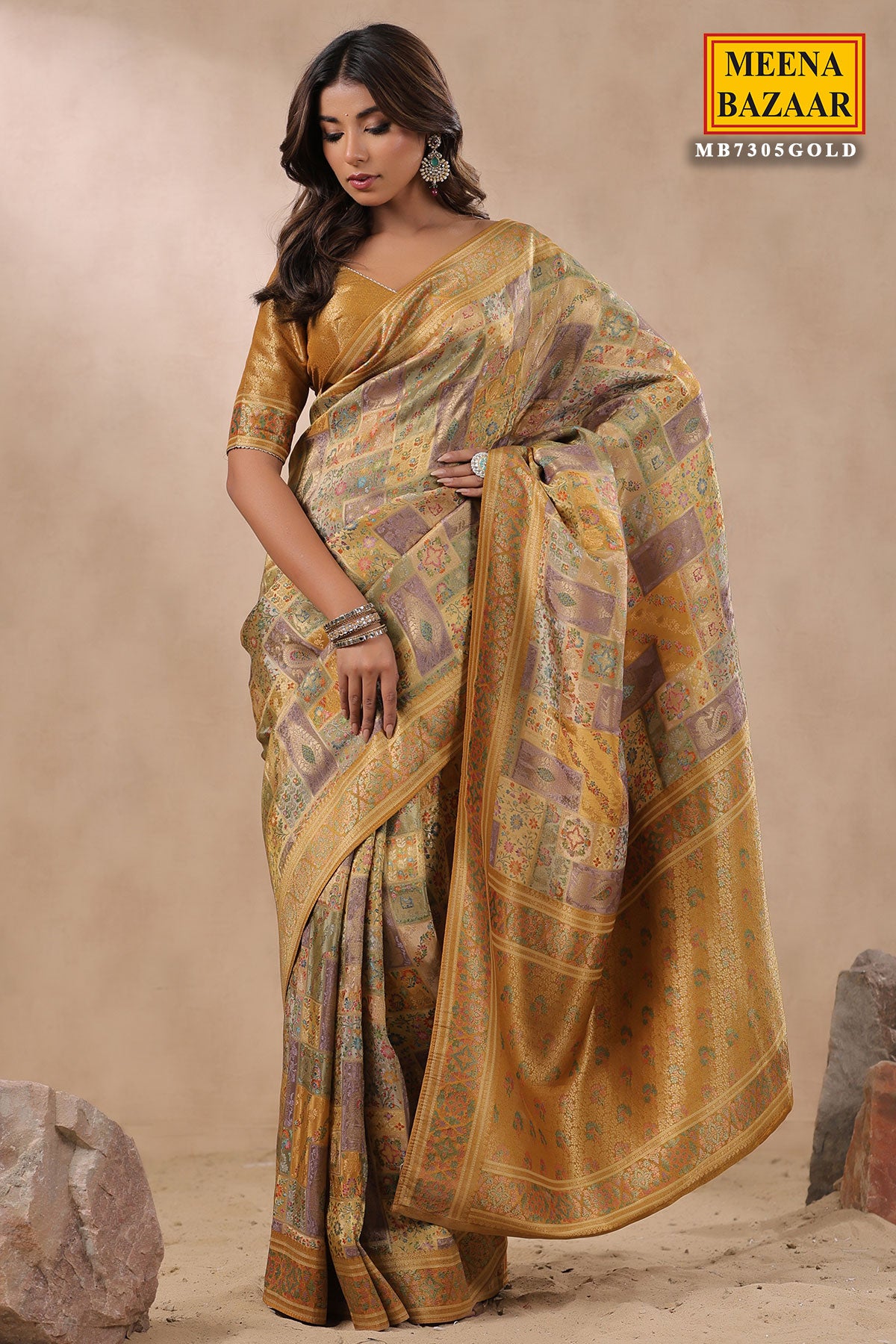 Golden Banarasi Tissue Floral Zari Woven Saree