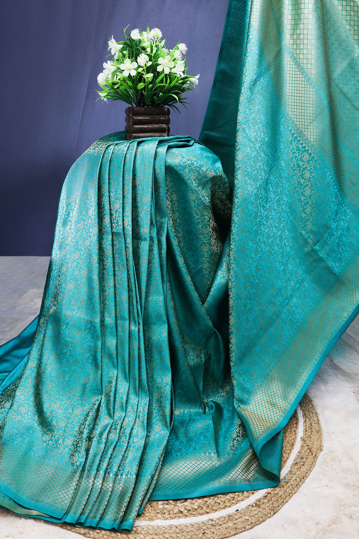 Firozi Silk Zari Weaving Saree With Tassels