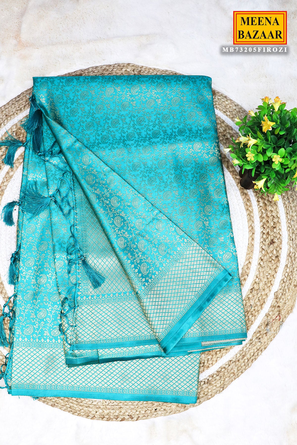 Firozi Silk Zari Weaving Saree With Tassels