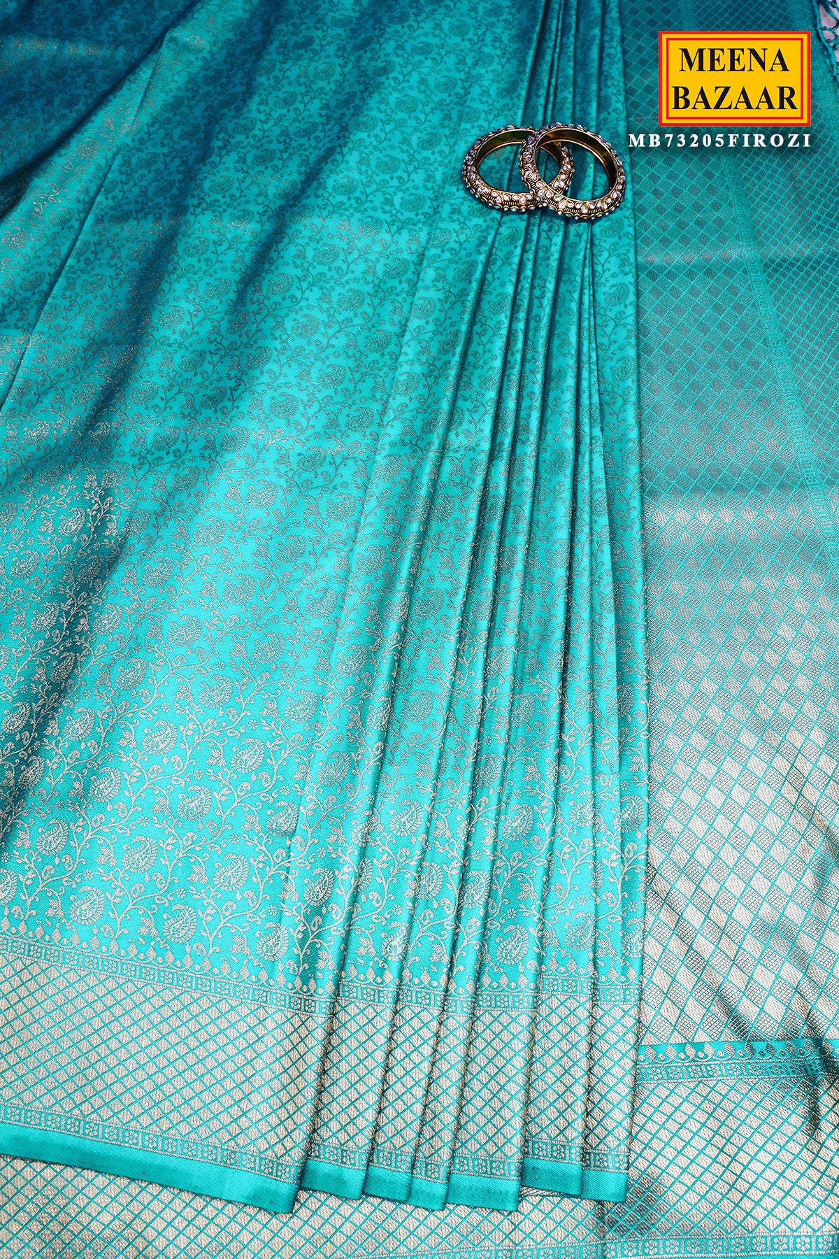 Firozi Silk Zari Weaving Saree With Tassels