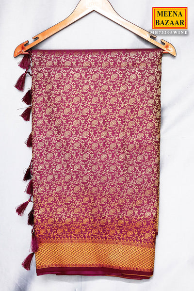 Wine Silk Zari Weaving Saree With Tassels