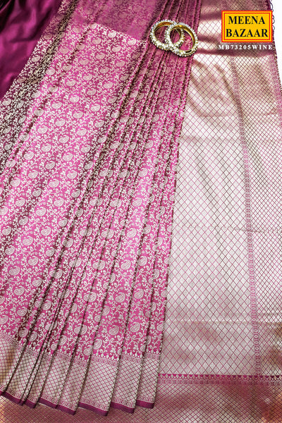 Wine Silk Zari Weaving Saree With Tassels