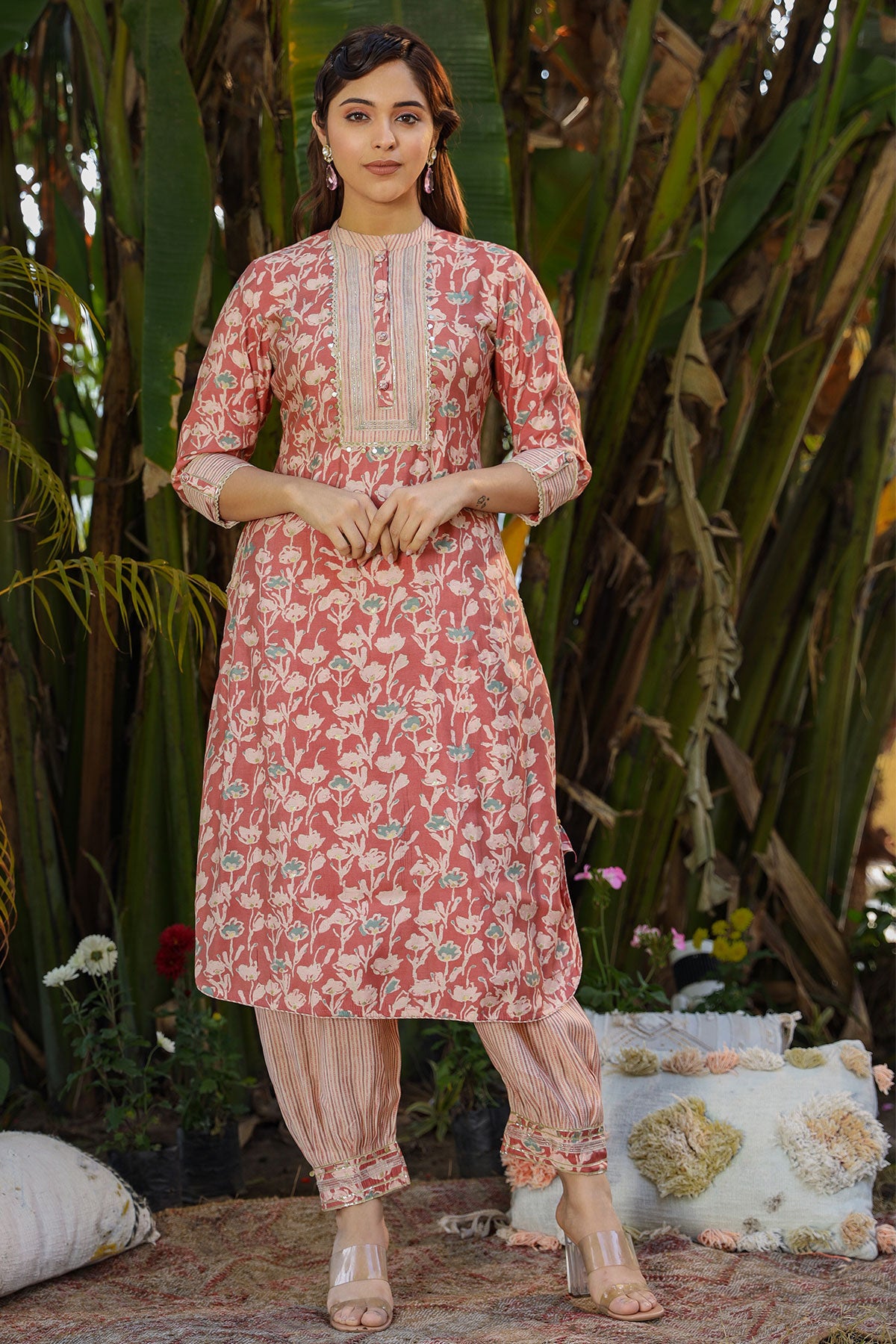 Peach Blended Silk Floral Printed Neck Embroidered Kurti Pant Set