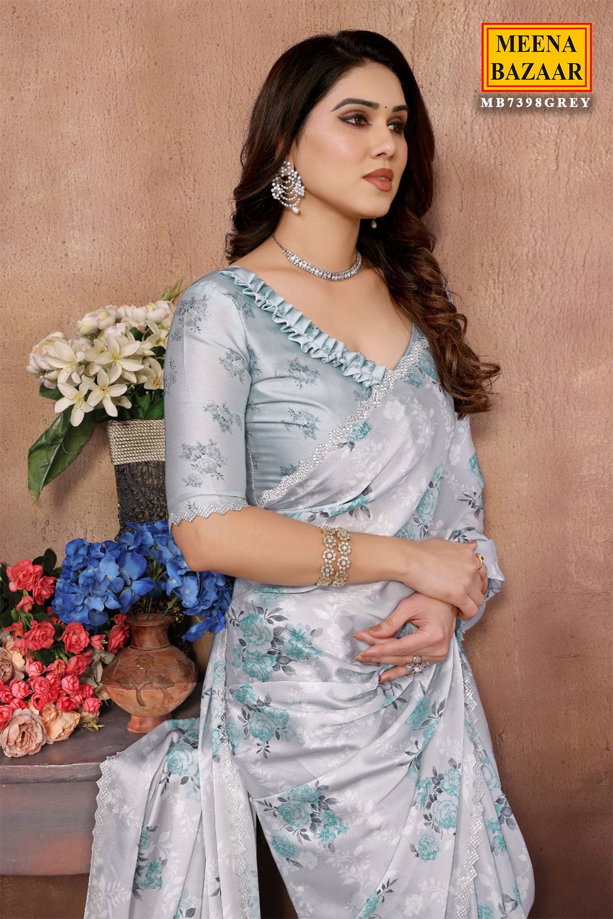 Grey Satin Swarovski Studded Floral Printed Saree