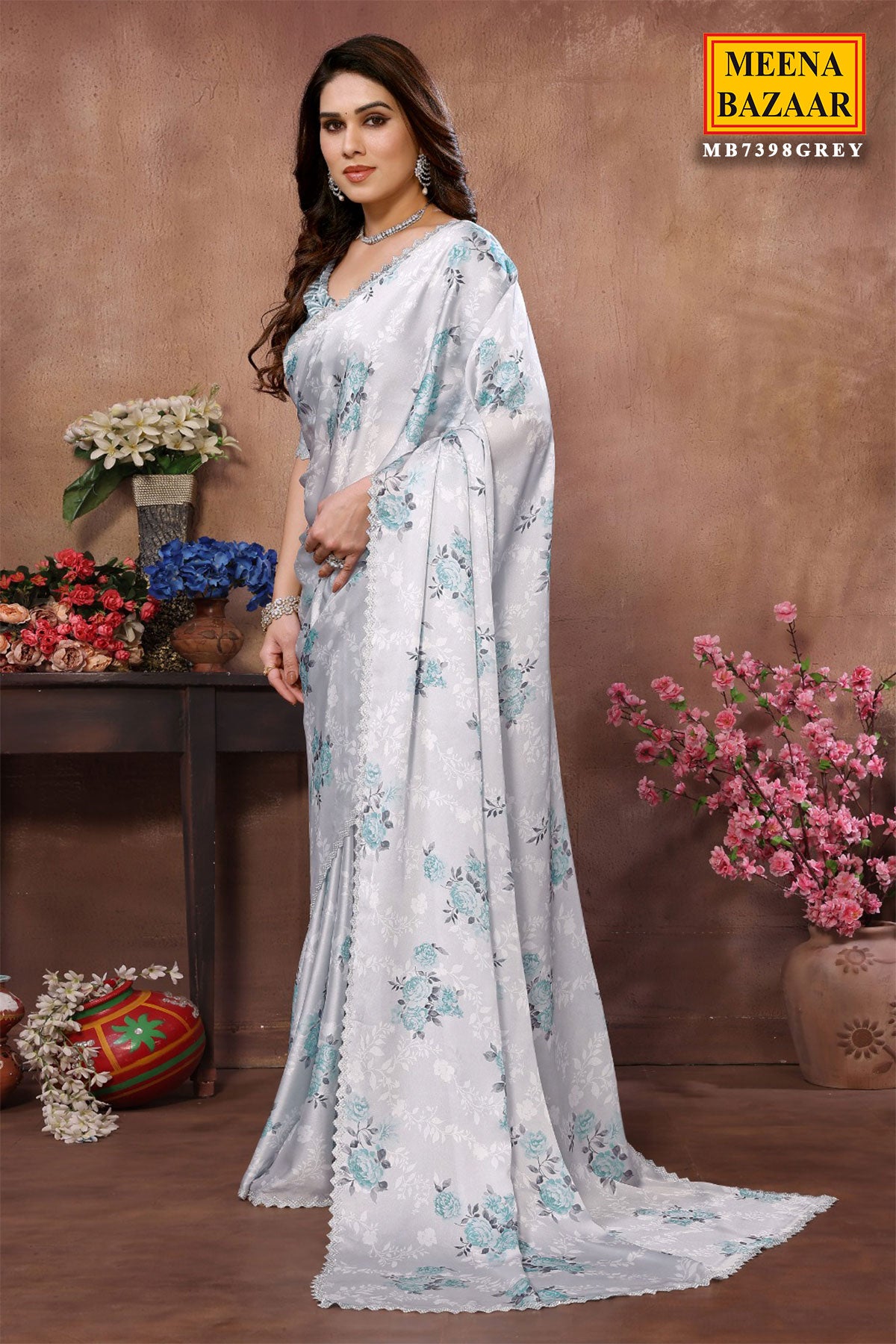Grey Satin Swarovski Studded Floral Printed Saree