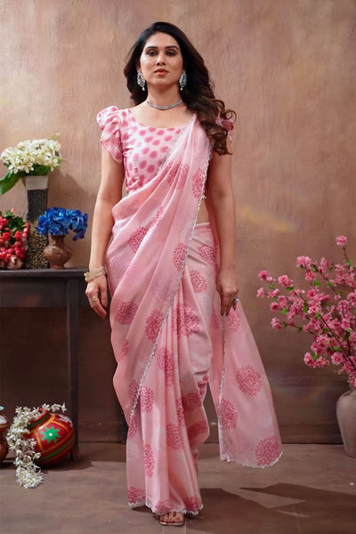 Pink Satin Swarovski Studded Print Saree