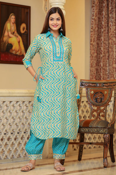 Firozi Silk Floral and Chevron Printed Lace Embroidered Kurti Pant Set