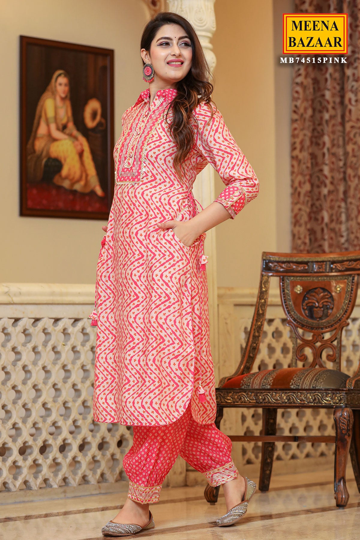 Pink Silk Floral and Chevron Printed Lace Embroidered Kurti Pant Set