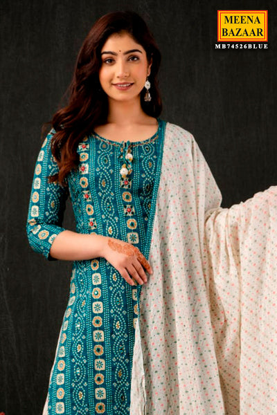 Blue Cotton Bandhani Printed Embroidered Suit