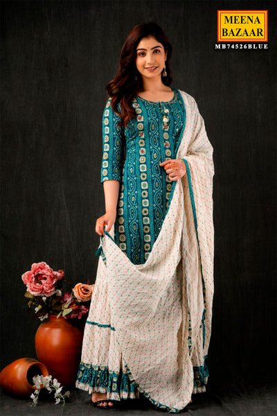 Blue Cotton Bandhani Printed Embroidered Suit
