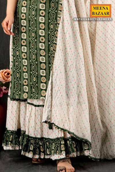 Bottle Green Cotton Bandhani Printed Embroidered Suit