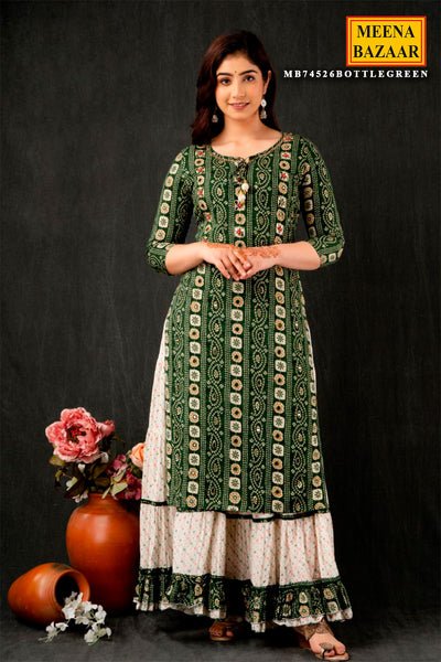 Bottle Green Cotton Bandhani Printed Embroidered Suit