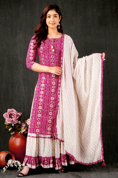 Rani Cotton Bandhani Printed Embroidered Suit