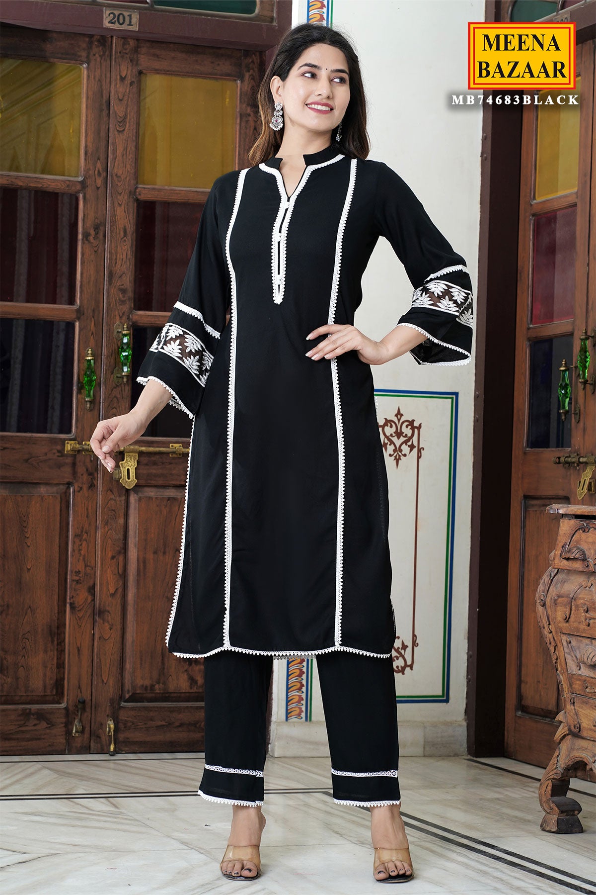 Black Muslin Lace Embroidered Suit