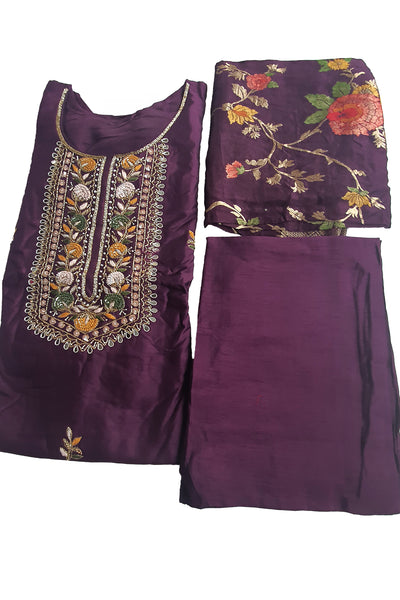 Wine Silk Embroidered Suit with Woven Banarasi Dupatta