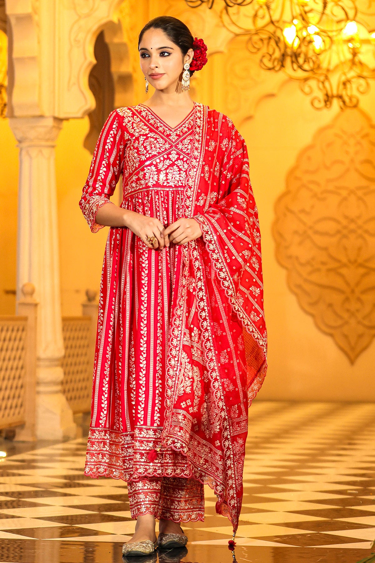 Rani Cotton Printed Thread Work Anarkali Suit