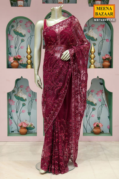 Wine Resham Thread Cut-Dana Embroidered Net saree