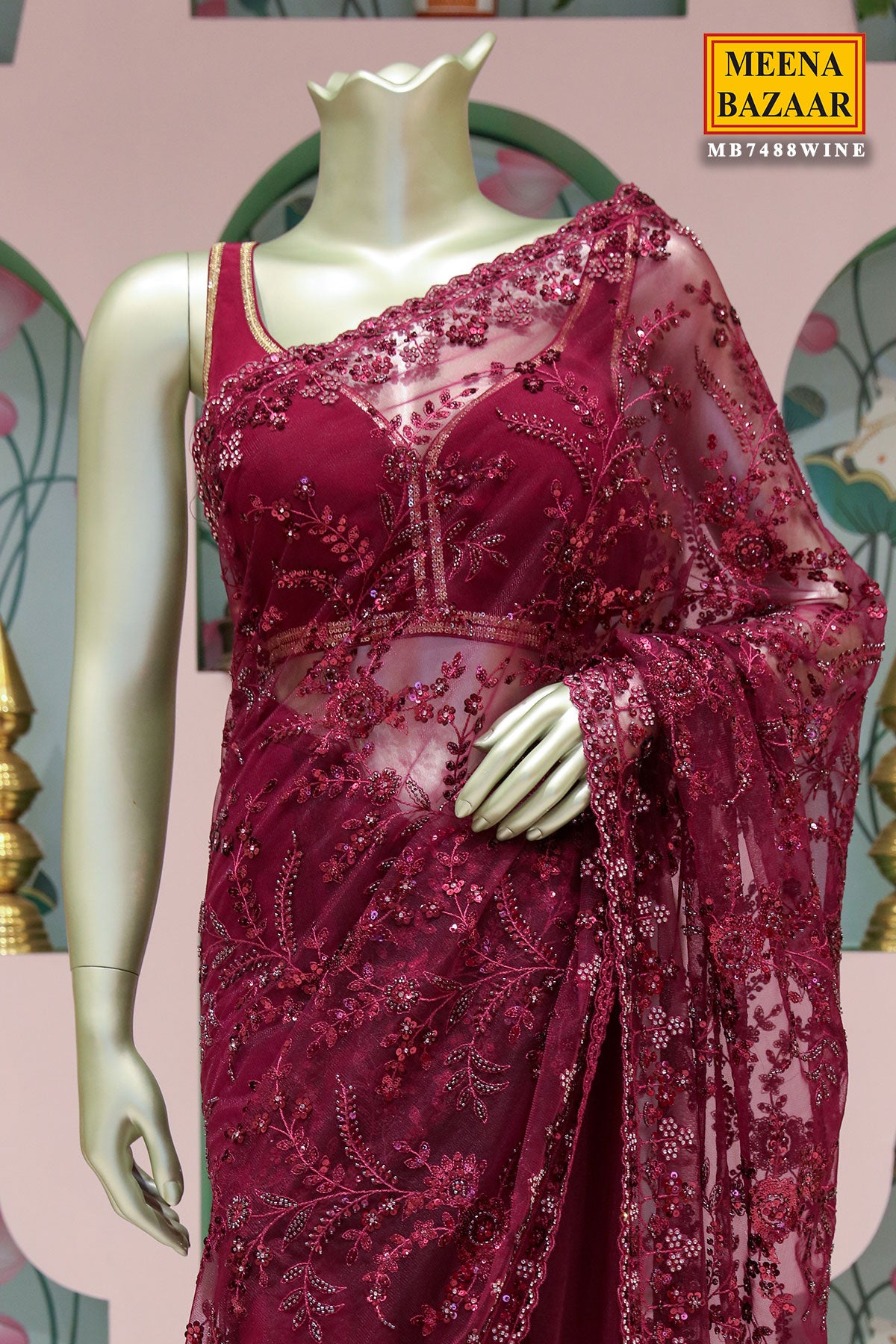 Wine Resham Thread Cut-Dana Embroidered Net saree