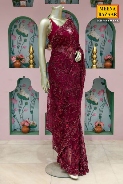 Wine Resham Thread Cut-Dana Embroidered Net saree