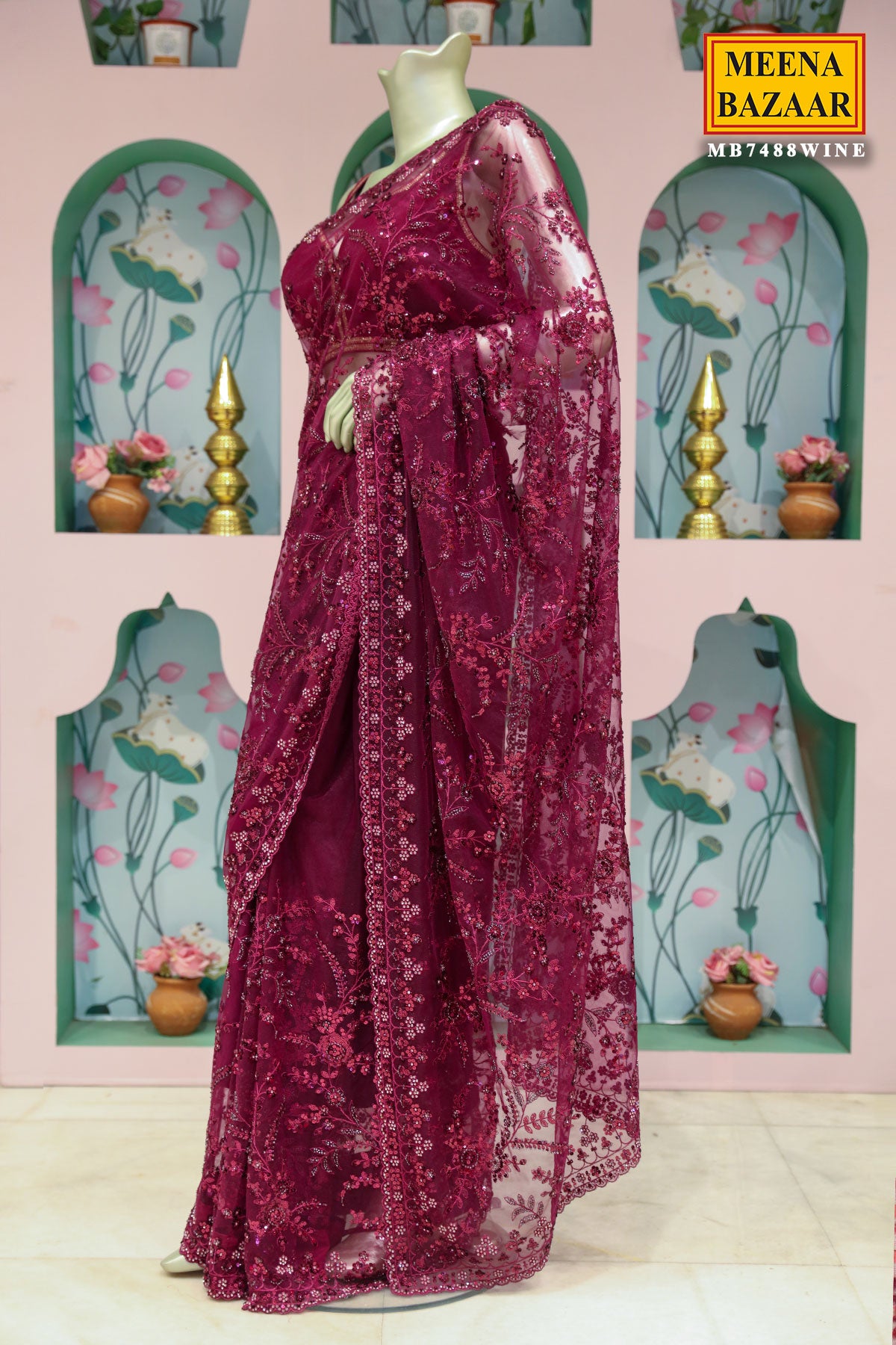 Wine Resham Thread Cut-Dana Embroidered Net saree