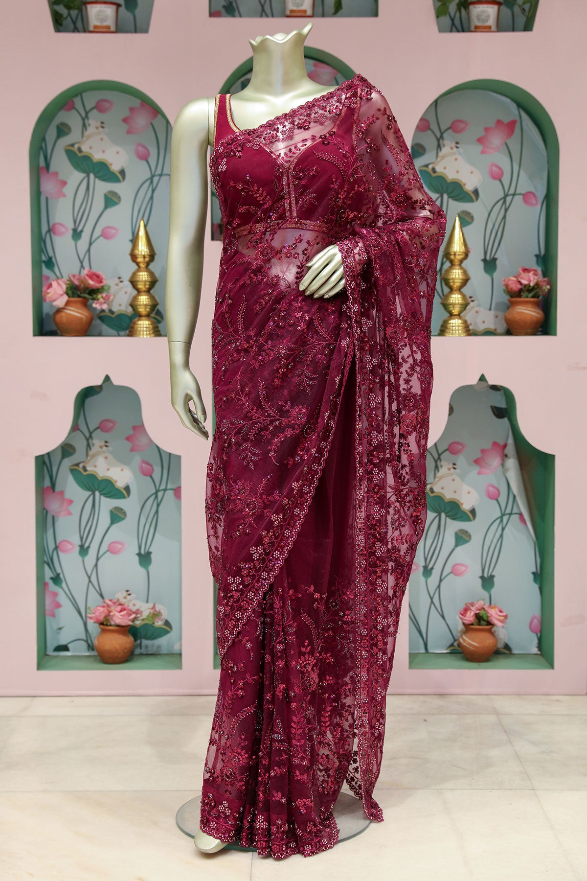 Wine Resham Thread Cut-Dana Embroidered Net saree