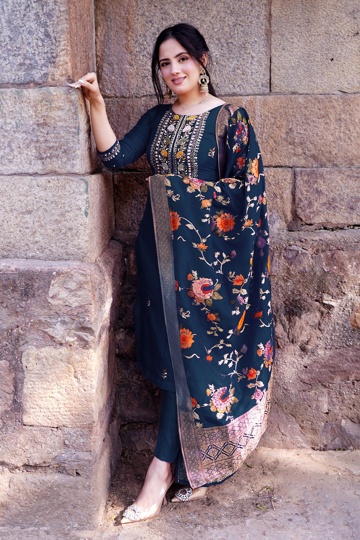 Blue Silk Embroidered Suit with Woven Banarasi Dupatta