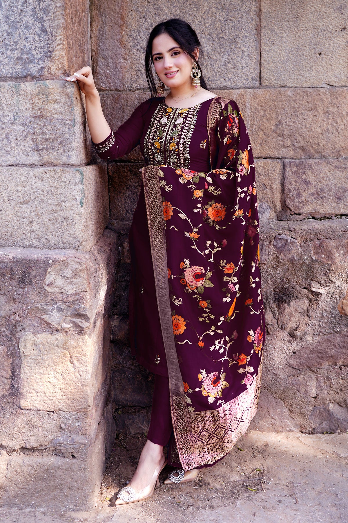 Wine Silk Embroidered Suit with Woven Banarasi Dupatta