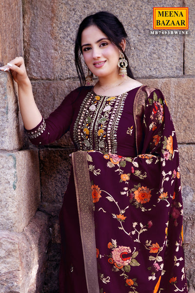 Wine Silk Embroidered Suit with Woven Banarasi Dupatta