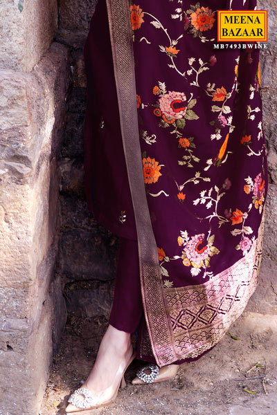 Wine Silk Embroidered Suit with Woven Banarasi Dupatta