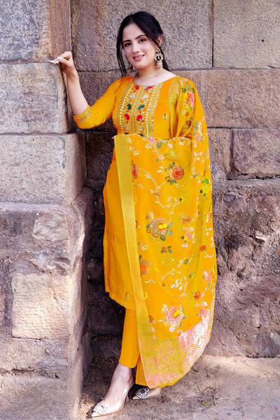 Mustard Silk Embroidered Suit with Woven Banarasi Dupatta