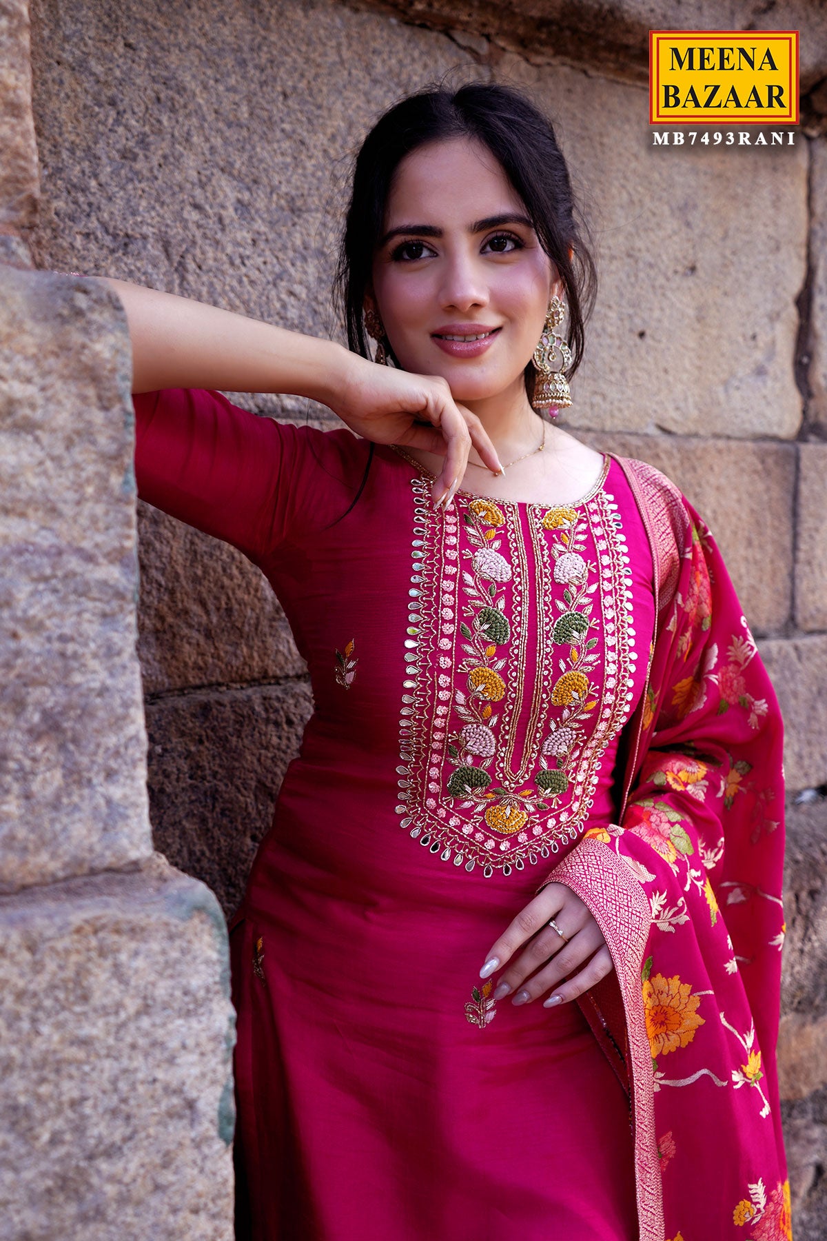 Rani Silk Embroidered Suit with Woven Banarasi Dupatta