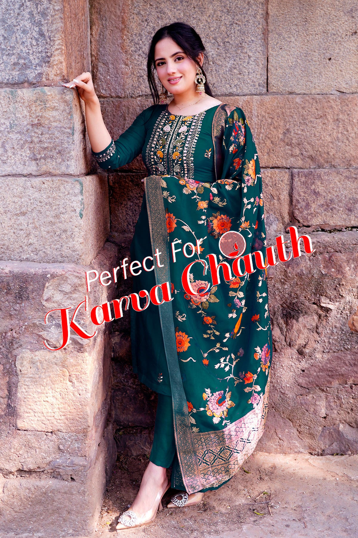 Bottle Green Silk Embroidered Suit with Woven Banarasi Dupatta