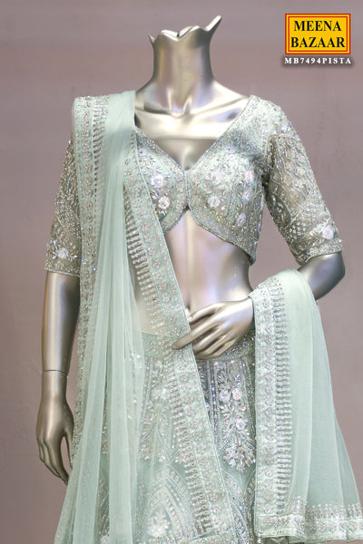 Pista Green Net Hand-Embroidered Lehenga