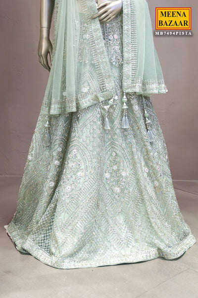 Pista Green Net Hand-Embroidered Lehenga